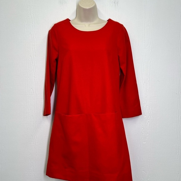 J.Crew - Red Wool And Spandex Blend 3/4 Sleeve Shift 2 Pocket Dress Size 0 - Picture 2 of 12
